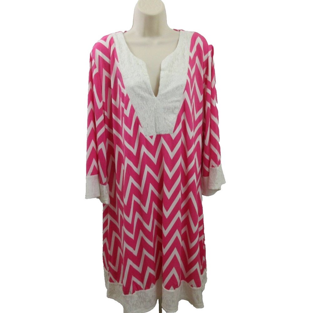 Ice Silk Tunic Dress 3XL Pink White Chevron Lace Trim V-Neck Stretch 3/4 Sleeve